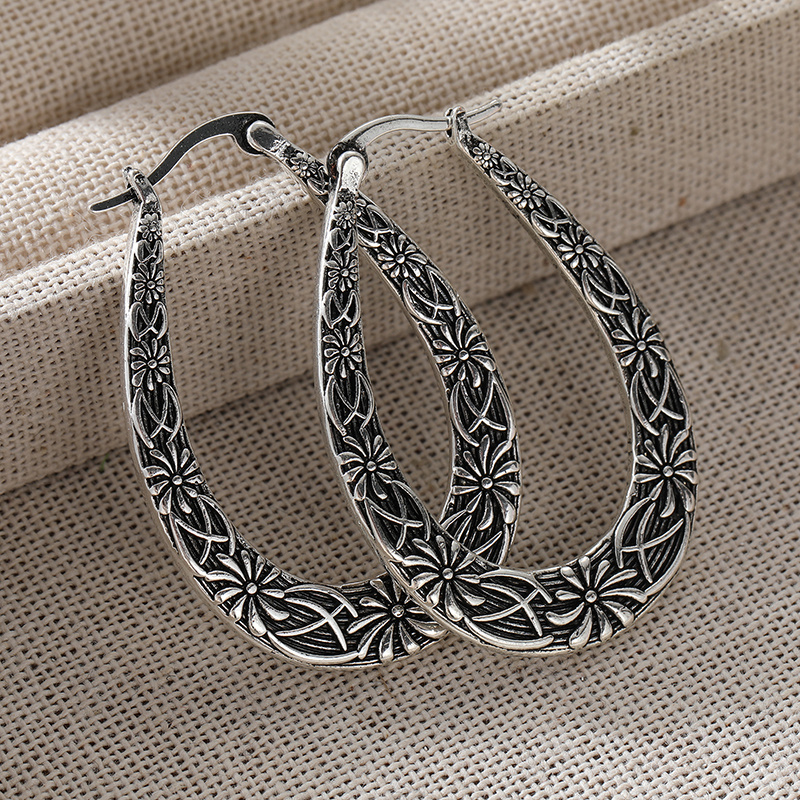 Bohemian Retro Floral Pattern Hoop Earrings, Casual Style